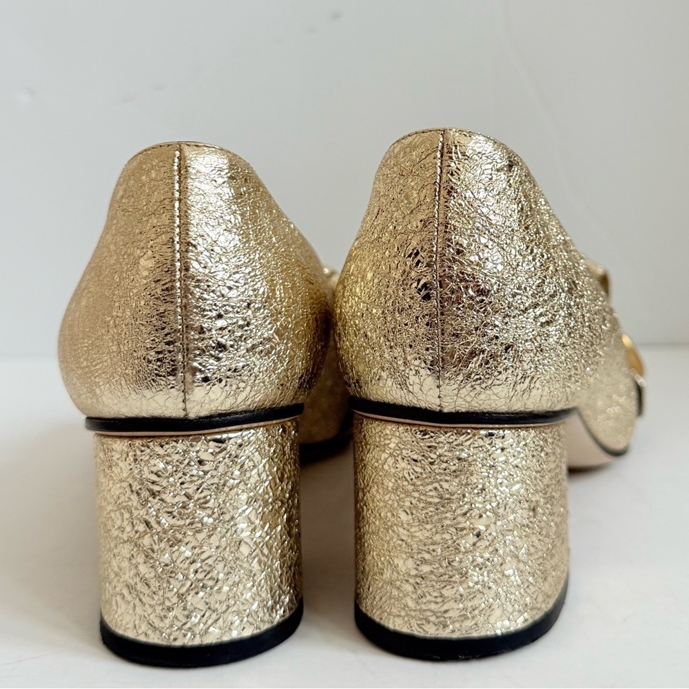 Gucci Gold Metallic leather GG fringe Marmont 55mm Heeled Loafer pumps EU 38 - Picture 8 of 12
